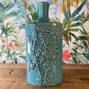 Vintage Cherry Blossom Porcelain Teal Vase, Asian Decor